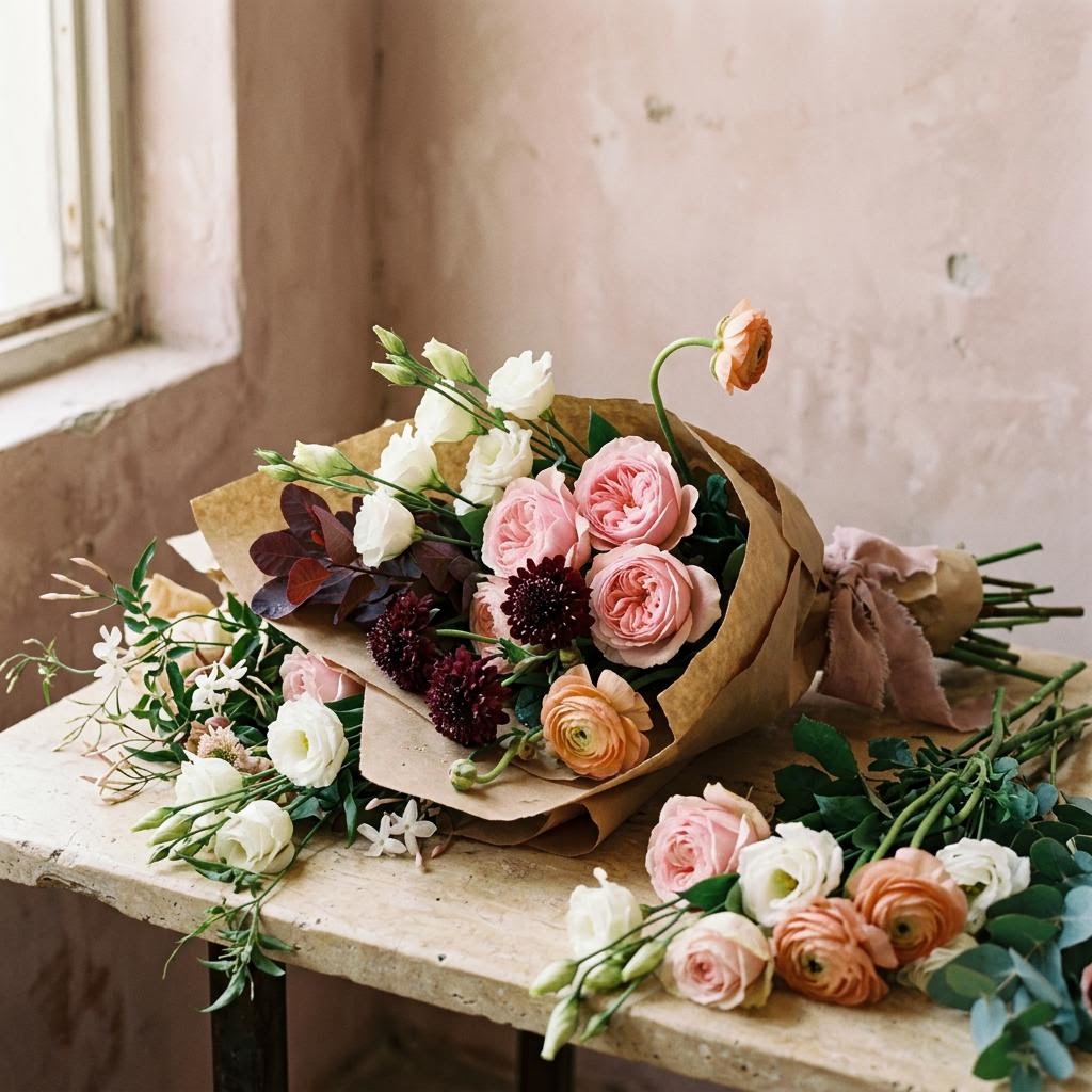 Flowers and stems arranged on a worktable