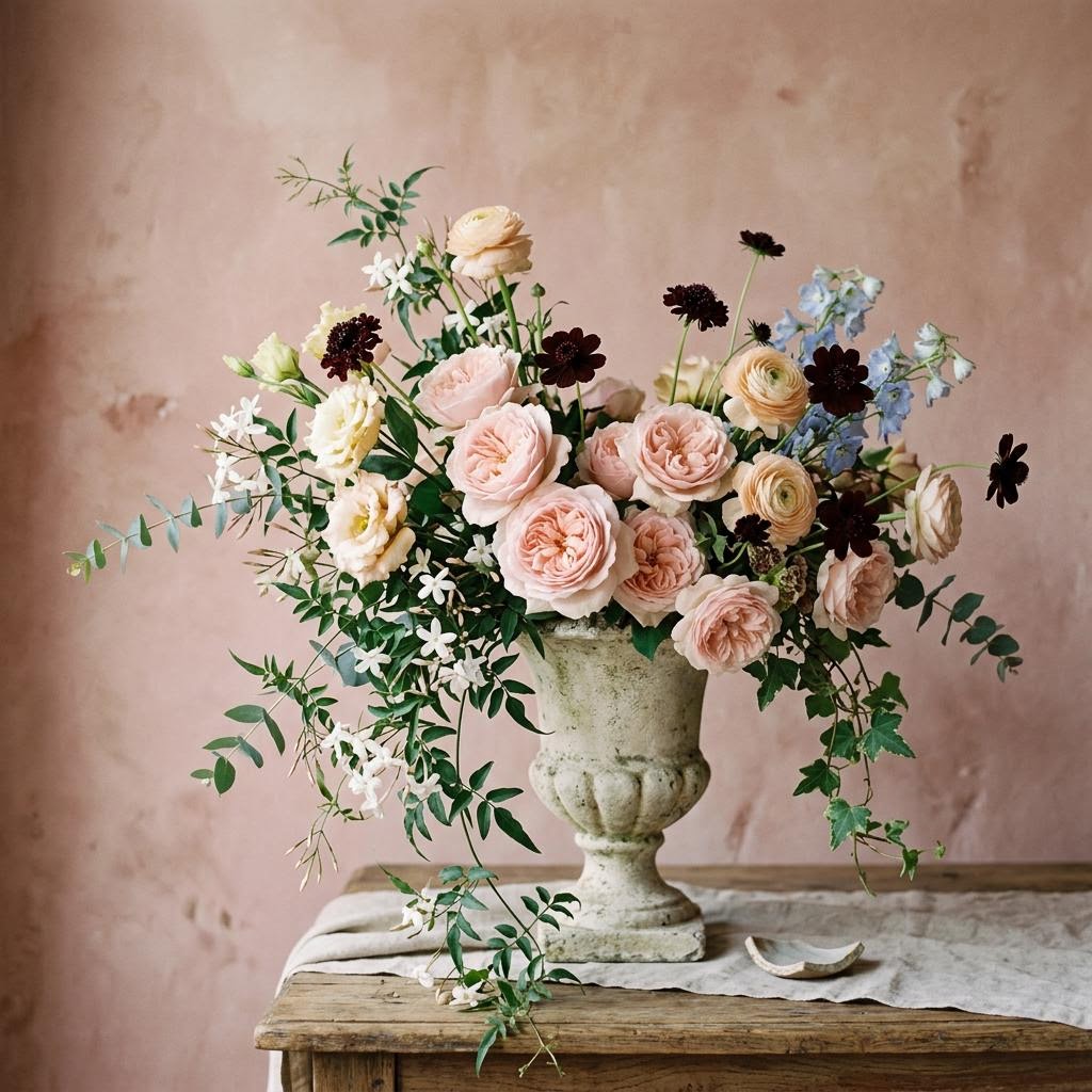 An arrangement of soft pink and cream flowers